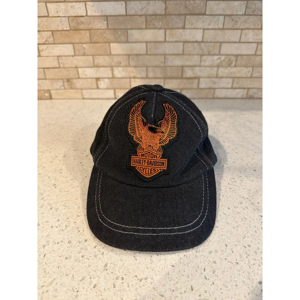 Harley-Davidson Toddler Denim Hat Eagle Logo Black Orange Adjustable Cap 2-4T